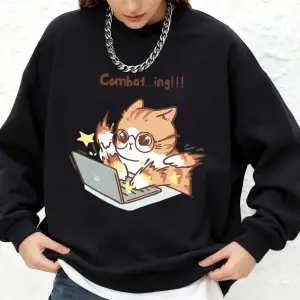 Çılgın Yazma Kedi Karikatür Baskı Kapüşonlular Bayan Kış Sıcak Uzun Kollu Tişörtü Jogger Crew