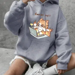 Çılgın Yazma Kedi Karikatür Baskılı Sweatshirt Kadınlar İçin Basic Yuvarlak Yaka Kapüşonlu Sw