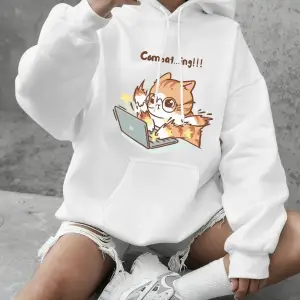 Çılgın Yazma Kedi Karikatür Baskılı Sweatshirt Kadınlar İçin Basic Yuvarlak Yaka Kapüşonlu Sw