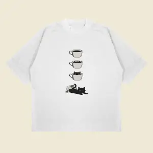 Coffee Cat Baskılı Oversize Unisex Pamuklu Nefes Alan Kalın Kumaşlı