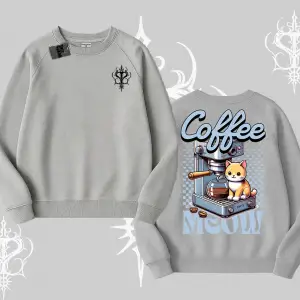 Coffee Meow Kahve Temalı Kedi Arka Baskılı Biskilet Sweatshirt
