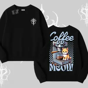 Coffee Meow Kahve Temalı Kedi Arka Baskılı Biskilet Sweatshirt