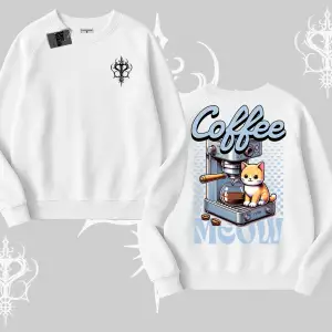 Coffee Meow Kahve Temalı Kedi Arka Baskılı Biskilet Sweatshirt