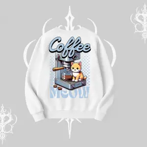 Coffee Meow Kahve Temalı Kedi Arka Baskılı Biskilet Sweatshirt