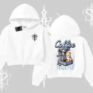 Coffee Meow Kahve Temalı Kedi Arka Baskılı Kapşonlu Crop Sweatshirt