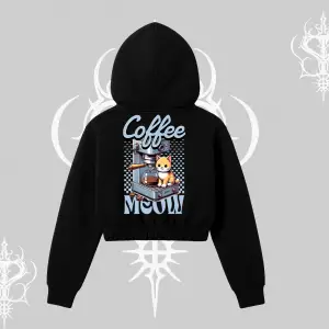 Coffee Meow Kahve Temalı Kedi Arka Baskılı Kapşonlu Crop Sweatshirt