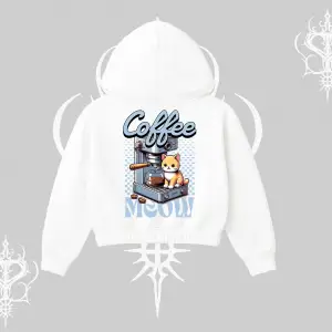Coffee Meow Kahve Temalı Kedi Arka Baskılı Kapşonlu Crop Sweatshirt