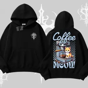 Coffee Meow Kahve Temalı Kedi Arka Baskılı Kapşonlu Sweatshirt