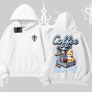 Coffee Meow Kahve Temalı Kedi Arka Baskılı Kapşonlu Sweatshirt
