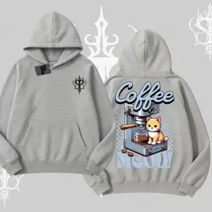 Coffee Meow Kahve Temalı Kedi Arka Baskılı Kapşonlu Sweatshirt