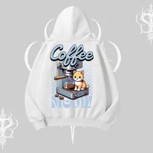 Coffee Meow Kahve Temalı Kedi Arka Baskılı Kapşonlu Sweatshirt