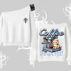 Coffee Meow Kahve Temalı Kedi Arka Baskılı Kayık Yaka Sweatshirt