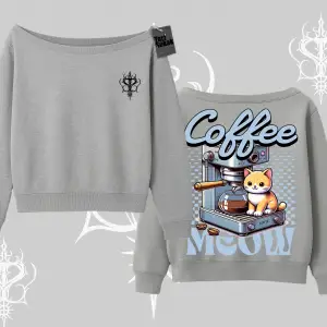 Coffee Meow Kahve Temalı Kedi Arka Baskılı Kayık Yaka Sweatshirt