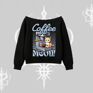 Coffee Meow Kahve Temalı Kedi Arka Baskılı Kayık Yaka Sweatshirt