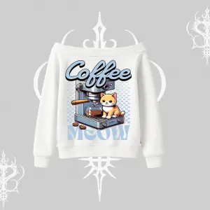 Coffee Meow Kahve Temalı Kedi Arka Baskılı Kayık Yaka Sweatshirt