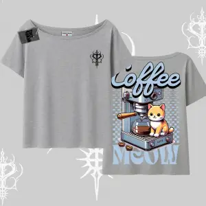 Coffee Meow Kahve Temalı Kedi Arka Baskılı Kayık Yaka Tshirt