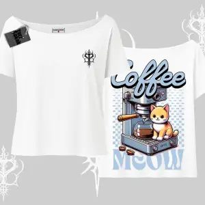Coffee Meow Kahve Temalı Kedi Arka Baskılı Kayık Yaka Tshirt