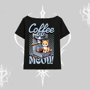 Coffee Meow Kahve Temalı Kedi Arka Baskılı Kayık Yaka Tshirt