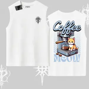 Coffee Meow Kahve Temalı Kedi Arka Baskılı Kolsuz Tshirt