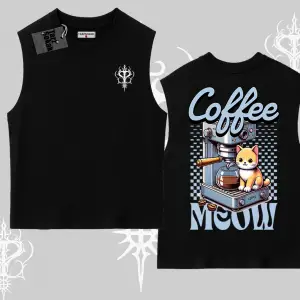 Coffee Meow Kahve Temalı Kedi Arka Baskılı Kolsuz Tshirt