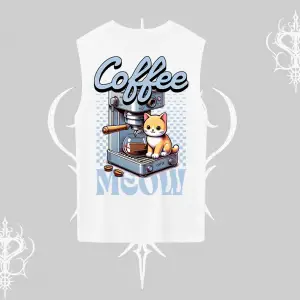 Coffee Meow Kahve Temalı Kedi Arka Baskılı Kolsuz Tshirt