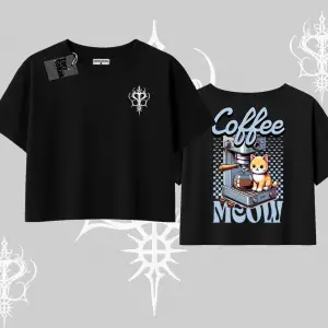 Coffee Meow Kahve Temalı Kedi Arka Baskılı Oversize Crop Tshirt