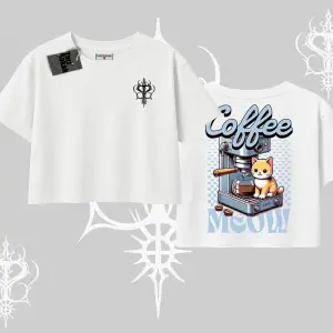 Coffee Meow Kahve Temalı Kedi Arka Baskılı Oversize Crop Tshirt