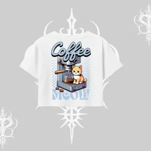 Coffee Meow Kahve Temalı Kedi Arka Baskılı Oversize Crop Tshirt