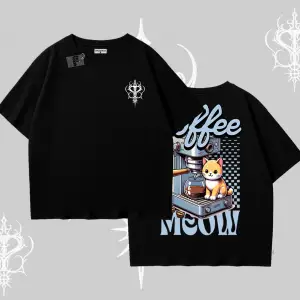 Coffee Meow Kahve Temalı Kedi Arka Baskılı Oversize Tshirt