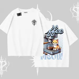 Coffee Meow Kahve Temalı Kedi Arka Baskılı Oversize Tshirt