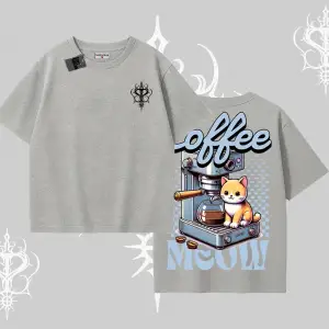 Coffee Meow Kahve Temalı Kedi Arka Baskılı Oversize Tshirt