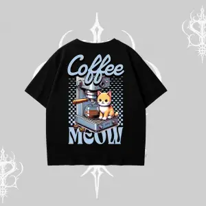 Coffee Meow Kahve Temalı Kedi Arka Baskılı Oversize Tshirt