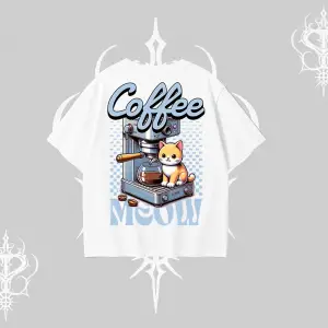 Coffee Meow Kahve Temalı Kedi Arka Baskılı Oversize Tshirt