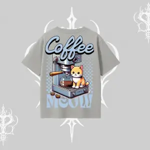 Coffee Meow Kahve Temalı Kedi Arka Baskılı Oversize Tshirt