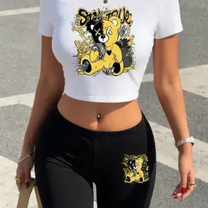 Çok Para Baskılı Seksi Ayı Desenli Babby Tee Şort Kadın Yazlık İki Parça Takım Tişört Pantolon