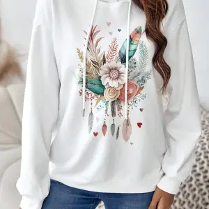 Coke serisi Floral & Feather Print Drop Shoulder Drawstring Hoodie