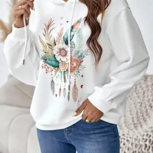 Coke serisi Floral & Feather Print Drop Shoulder Drawstring Hoodie
