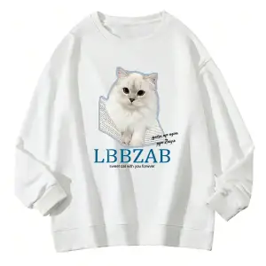 Coke serisi Letter & Cat Graphic Drop Shoulder Pullover