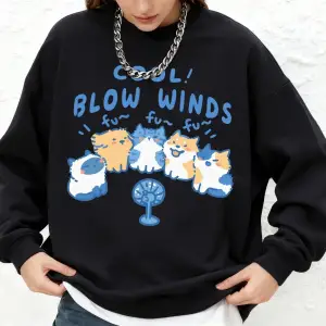 Cool Blow Winds Kedi Baskılı Kapüşonlular Kadın Kış Uzun Kollu O-Boyun Tişörtü Büyük Boy Jogg