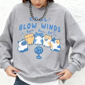 Cool Blow Winds Kedi Baskılı Kapüşonlular Kadın Kış Uzun Kollu O-Boyun Tişörtü Büyük Boy Jogg