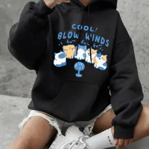 Cool Blow Winds Kedi Baskılı Tişörtü Bayan Temel Ürünler Bisiklet Yaka Kapüşonlular Günlük Bo