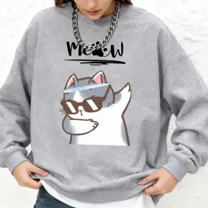 Cool Cat Karikatür Baskılı Kadın Kapüşonlu Üstü Basic Oversize Jogger Sweatshirt Kışlık Uzun