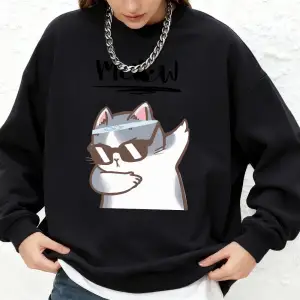 Cool Cat Karikatür Baskılı Kadın Kapüşonlu Üstü Basic Oversize Jogger Sweatshirt Kışlık Uzun