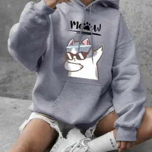 Cool Cat Karikatür Baskılı Kapüşonlu Üstler Kadın Temel Ürünleri Bisiklet Yaka Tişörtü Günlük