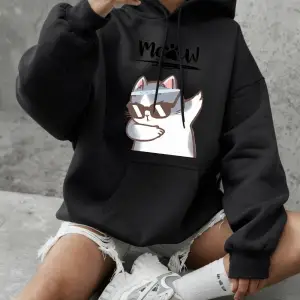 Cool Cat Karikatür Baskılı Kapüşonlu Üstler Kadın Temel Ürünleri Bisiklet Yaka Tişörtü Günlük