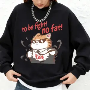 Cool Fight Fat Cat Baskılı Sweatshirt Kadın Günlük Jogger Sıcak Kapüşonlu Sonbahar Yuvarlak Y