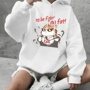 Cool Fight Fat Cat Baskılı Tişörtü Kadın Kışlık Polar Sıcak Kapüşonlu Üstler Temel Bisiklet Y