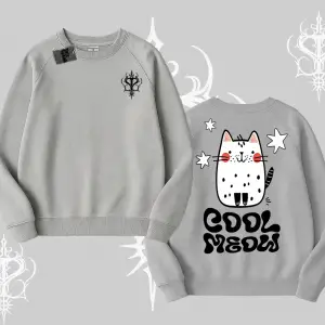 Cool Meow Yazılı Sevimli Kedi Arka Baskılı Biskilet Sweatshirt