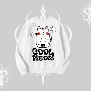 Cool Meow Yazılı Sevimli Kedi Arka Baskılı Biskilet Sweatshirt