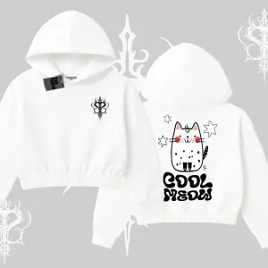 Cool Meow Yazılı Sevimli Kedi Arka Baskılı Kapşonlu Crop Sweatshirt